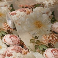 a roll of white and pink floral fabric