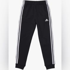 Adidas Fleece Jogger Pants Sweatpants Normal Length Slim Pant 3 Stripe Details Side Pockets Ribbed Ankle Cuffs New With Tags Adidas Cotton Sweatpants With Elastic Waistband, Adidas Cotton Pants With Elastic Waistband, Black Jogging Sweatpants With Three Stripes, Black Sweatpants With Three Stripes For Jogging, Adidas Jogging Pants With Pockets, Adidas Three Stripes Joggers For Loungewear, Adidas Black Joggers With Side Stripes, Adidas Three Stripes Sweatpants For Loungewear, Black Adidas Activewear For Loungewear