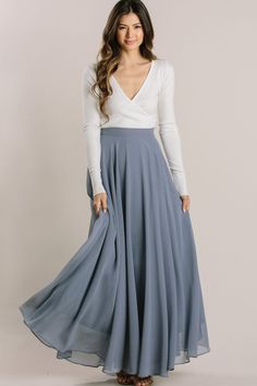 Shop the Amelia Full Slate Blue Maxi Skirt - boutique clothing featuring fresh, feminine and affordable styles. Full Skirt Outfit, Yellow Maxi Skirts, Morning Lavender, Blue Maxi Skirt, High Waist Long Skirt, Full Maxi Skirt, Long Skirt Outfits, Tulle Midi Skirt, Yellow Maxi