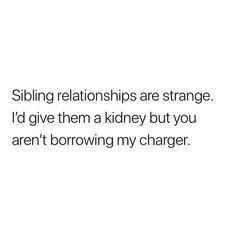 a white background with the words sibling relationshipss are strange i'd give them a kidney but you aren't browsing my charger