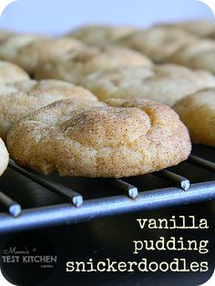 several baked goods sitting on top of a rack with the words vanilla pudding snickkerdoodles