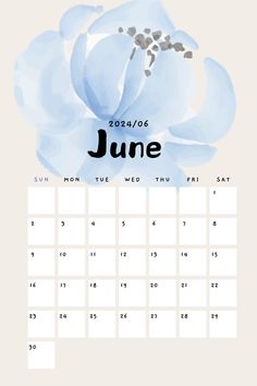 the june calendar with blue flowers on it