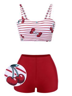 Red 1950s Striped Cherry Strap Swimsuit 50s Bikinis Vintage, Cutest One Piece Swimsuit, Cherry Swimsuit, Cherry Stuff, Plus Size Edgy, 1950s Clothing, Retro Stage, Cute One Piece Swimsuits, Vintage Romper