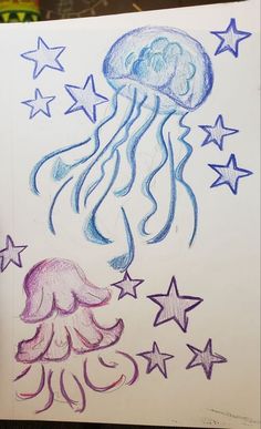 Cute Aesthetic Things To Draw Easy, Jellyfish Drawing Color, Simple Sea Turtle Drawing, Marker Doodles Sketchbooks, Jelly Fish Drawing Color, Things To Draw With Gel Pens, Drawing Ideas Jellyfish, How To Draw A Seashell, Sea Animals To Draw