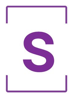 the letter s in a square frame on a white background with purple text below it