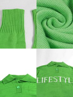 Material:90-95% Polyester & Spandex. Features:Long sleeves. ribbed knit. button. letter print. loose sweater.Style: Casual Trendy Knit Polo Sweater With Ribbed Collar, Trendy Knit Polo Sweater, Trendy Knit Polo Sweater With Ribbed Cuffs, Oversized Knit Tops With Letter Print, Trendy Ribbed Knit Polo Sweater, Trendy Green Sweater With Ribbed Collar, Spring Knit Sweater With Letter Print, Spring Letter Print Knit Sweater, Trendy Sweater With Ribbed Collar And Stretch