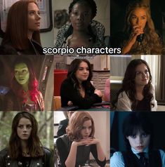 many different pictures of the same character in movies and shows them as female characters, with caption that reads scorpio characters