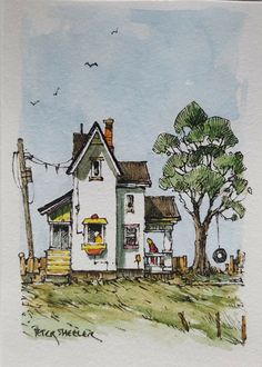 a watercolor painting of a white house with trees and birds flying in the background