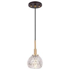 a light fixture with a glass ball hanging from it's center and two lights on each side