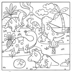 dinosaurs are playing in the jungle coloring page for kids to color and learn how to draw