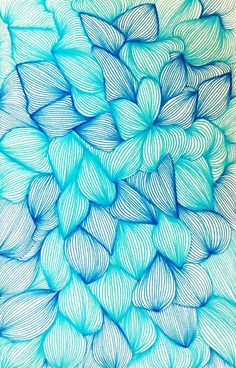 blue and white art work with lines on the bottom, in an abstract manner that looks like leaves