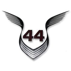 the number forty four with wings is shown in black and red on a white background