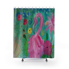 a pink flamingo shower curtain with flowers on it