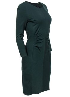 Whether you're walking into work or going out on the town, you're sure to be stunning in this ruched sheath from Kobi Halperin! Pair this with some gold drop earrings and your favorite black pumps for a versatile look any time! Size 8 68% Rayon, 27% Nylon, 5% Elastane Sheath silhouette Rounded neckline Cropped sleeves Ruched design Zippered back Waist 27" Bust 32" Total length 39" Long Sleeve Dresses With Ruched Sides For Formal Occasions, Chic Ruched Midi Dress For Work, Elegant Fall Midi Dress With Ruching, Formal Fitted Midi Dress With Ruched Sides, Fitted Ruched Midi Dress For Work, Fall Fitted Dresses With Ruched Sides, Knee-length Ruched Midi Dress For Office, Flattering Formal Fall Midi Dress, Flattering Formal Midi Dress For Fall