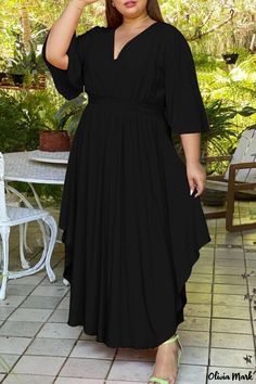 Olivia Mark - Black Plus Size Casual Long Dress with V-Neckline and Lantern Sleeves Plus Size Long Dresses, Sleeve Long Dress, Dress Sleeve Styles, Long Dress Casual, Looks Black, Plus Size Maxi, Stylish Plus, Plus Size Maxi Dresses, Mid Dresses