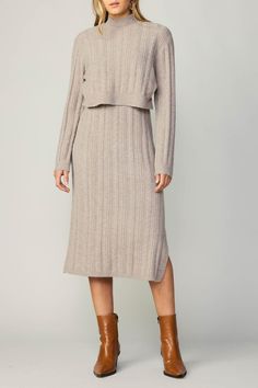 Long sleeve, twofer sweater dress. Available in oatmeal color. 62% Acrylic, 30% Nylon, 6% Wool, 2% Spandex Twofer Sweater, Sweater Midi Dress, Cable Knit Dress, Mock Neck Sweater Dress, Cami Midi Dress, Layered Sweater, Cheetah Print Dress, Halter Midi Dress, Long Sleeve Sweater Dress