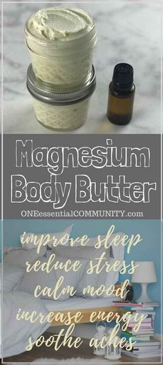 How to make magnesium body butter?  use a double boiler to melt 1/2 cup cocoa butter add 1/2 cup of coconut oil and melt add 1/4 cup magnesium oil (click here to find where to buy my favorite magnesium oil) cool for 30-60 minutes in refrigerator (until it is cooled completely and solid all the way through) whip for 3-5 minutes add 10 drops each of lavender essential oil, cedarwood essential oil, and frankincense essential oil whip for another 5 minutes or so until magnesium body butter is light Magnesium Body Butter, Calm Mood, Homemade Body Butter, Increase Energy, Homemade Bath Products, Diy Essential Oils, Body Butters