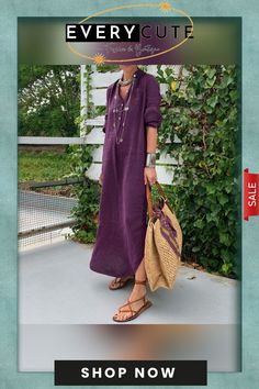 Solid Color Comfortable Casual Loose Fitting Long Sleeved Maxi Dress Fall Beach Maxi Dress In Purple, Purple Maxi Dress For Beach In Fall, Casual Purple Maxi Dress For Fall, Casual Purple Maxi Dress For Day Out, Sleeved Maxi Dress, Dresses By Length, Long Sleeve Maxi Dress, Long Maxi Dress, Women's Fashion Dresses