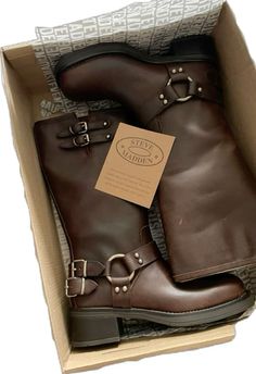 Bronx Boots Outfit, Leather Buckle Boots, Brown Steve Madden Boots Outfits, Boot Aesthetic Outfit, Vintage Boots Aesthetic, 2023 Fall Boots, Aesthetic Heels Vintage, Brown Biker Boots Outfit, Christmas Wishlist Ideas Women