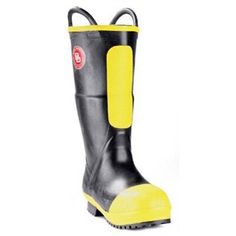 a pair of black and yellow rubber boots