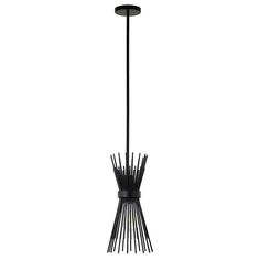 a black chandelier with sticks hanging from it's center and two lights on each side