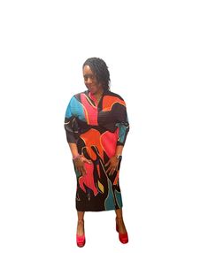 Free Size Multi Color Midi Dress Fit To All Sizes Multicolor Non-stretch Midi Dresses, Multicolor Patchwork Knee-length Midi Dress, Casual Multicolor Midi Dress With 3/4 Sleeves, Black Midi Dress, Free Size, Multi Color, Midi Dress, Pink, Black