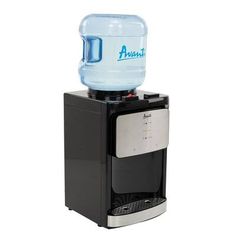 a water dispenser with a plastic bottle on top