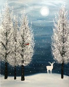 a painting of two trees and a deer in the snow