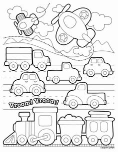 a black and white coloring page with cars, trucks and planes in the sky on it