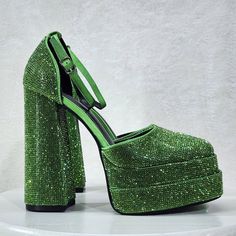 Green Rock It Jewel Green Rhinestone Chunky Heel 2 Inch Dual Platform 6 Inch High Heel Sandal With Ankle Strap. Brand New In Box Green Rhinestone Party Heels, Glamorous Green Heels With Rhinestones, Glamorous Green Embellished Heels, Green Rhinestone Round Toe Heels, Cinderella Heels, Funky Heels, Pink Kitten Heels, Denim Heels, Platform Shoes Heels