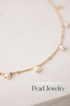 Modern pearl jewelry. Pearl gold necklace. A dainty necklace of freshwater pearls is an exquisite and elegant addition to any neckline. Pearl Gold Necklace, Pearl Wedding Jewelry, Pearl Lariat, Pearl Jewelry Wedding