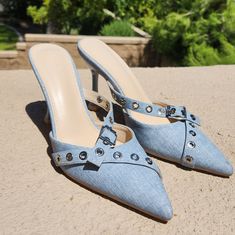 Super Cute And Classy Denim Mule Heels, With Silver Garment Accents! Size 39/9 Never Worn Outside Perfect With All Things Fashion, Barrel Jeans, Wide Leg Pants, Capris, Dresses, Maxi Dresses, And Skirts!!!! Blue Denim Heels With Pointed Toe, Spring Denim Blue Pointed Toe Heels, Summer Denim Heels With Pointed Toe, Chic Denim Heels With Pointed Toe, Casual Denim Blue Pointed Toe Heels, Maxi Dresses And Skirts, Denim Mules, Strapy Heels, Barrel Jeans