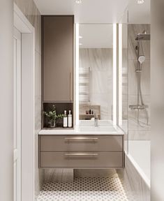 a bathroom with a sink, mirror and bathtub in the middle of the room