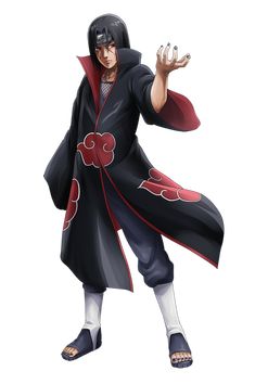 an anime character is dressed in black and red with his hands out to the side