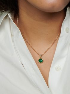 14kt Yellow Gold Edan Amulet Pendant Cabochon Green Onyx: 10x8mm (2.16Ct) Mined in India, Cut in India Sold Solo Pictured with Rolo Chain Necklace Shop all chain options Made in L.A. Globally Sourced Materials Necklace Shop, Rolo Chain, Green Onyx, Shop Necklaces, Eden, Onyx, Chain Necklace, Yellow Gold, Necklaces