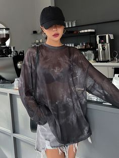 Black Sexy Collar Long Sleeve Mesh Fabric Plain  Embellished Medium Stretch  Women Clothing Tulle Tops, Baggy Tops, Without Bra, Mesh Tops, Mesh Shirt, Shirts Women Fashion, Printed Sleeveless Top, Streetwear Fashion Women, Really Cute Outfits