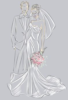 a drawing of a bride and groom standing next to each other in front of a gray background