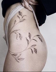 Vine Tattoos On Hip, Sternum Leaf Tattoo, Sage Leaf Tattoo, Vine Sternum Tattoo, Vine Hip Tattoo, Fluid Tattoo, Inner Thigh Tattoos, Pelvic Tattoos, Tattoo Sternum