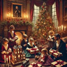 a group of people sitting around a christmas tree with presents in front of them and a lit fireplace