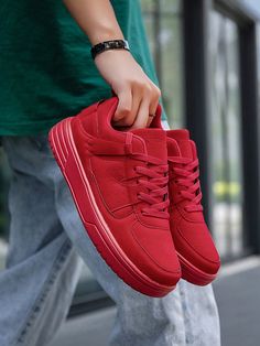 Men's Fashionable Red Skateboarding Shoes With Front Tie, High Sole Breathable Comfortable Sneakers For Casual And Outdoor Activities, Suitable For Teenagers And Couples Red     Colorblock,Plain    Men Shoes, size features are:Bust: ,Length: ,Sleeve Length: Comfortable Red Low-top Sneakers, Comfortable Red Lace-up Sneakers, Red Mid-top Skate Shoes With Vulcanized Sole, Winter Low-top Sneakers With Red Sole, Winter High-top Sneakers With Red Sole, Casual Synthetic Skate Shoes With Red Sole, Comfortable Red Sneakers With Round Toe, Red Breathable Flat Sneakers, Comfortable Red Canvas Shoes With Round Toe