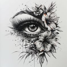 a drawing of an eye with flowers on it