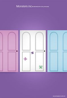 three doors with flowers painted on them and the words monsters inc written in pink, blue, and green