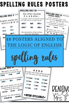 spelling rules posters with the words spelling rules in blue and black on top of them