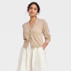 Women's Button-Front Cardigan - A New Day™ Camel M Layering Cardigan, Spring Cardigans, Light Cardigan, Fringe Sweater, Rib Knit Cardigan, Button Front Cardigan, Cardigan Crop, Cute Cardigans, Sweater Fits