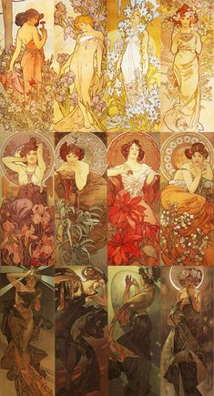 an image of art nouveau women in different colors and sizes, with flowers on them