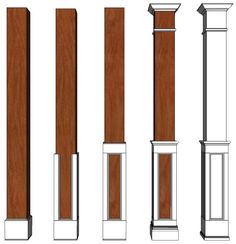 four different types of wood and metal posts, all in various shapes and sizes on white background