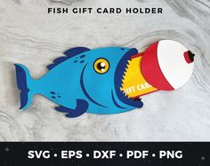 a fish shaped gift card holder with a red, yellow and blue hat on it