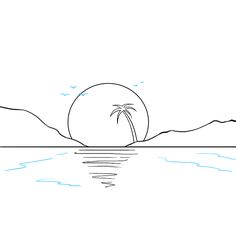 a black and white drawing of a palm tree in the middle of water with mountains in the background