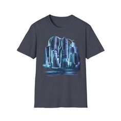 Futuristic t-shirt design featuring a cyberpunk cityscape with neon lights and holographic effects. Vibrant high-tech look using colors like light blue violet and white. Unisex Softstyle T-Shirt perfect for sci-fi and tech enthusiasts. See more items from this section here - https://www.etsy.com/shop/TerminatorproductArt?ref=seller-platform-mcnav&section_id=48632343 See the rest of my store here - https://www.etsy.com/shop/TerminatorproductArt?ref=seller-platform-mcnav The unisex soft-style t-shirt puts a new spin on casual comfort. Made from very soft materials, this tee is 100% cotton for solid colors. Heather colors and sports grey include polyester. The shoulders have twill tape for improved durability. There are no side seams. The collar is made with ribbed knitting to prevent curling Cyberpunk Crew Neck T-shirt With Graphic Print, Cyberpunk Graphic Print Crew Neck T-shirt, Cyberpunk Graphic Print Short Sleeve Tops, Cyberpunk Short Sleeve Tops With Graphic Print, Cyberpunk Cityscape, Neon Design, Blue Violet, Neon Lights, Soft Style