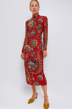 Red Floral Cutout Long Sleeve Midi Dress Red Dresses For Fall Gala, Red Dress For Fall Gala, Fitted Red Maxi Dress For Festive Occasions, Festive Red Fitted Maxi Dress, Festive Fitted Red Maxi Dress, Red Midi Dress For Festive Occasions, Festive Red Midi Dress, Festive Red Midi Evening Dress, Festive Red Evening Midi Dress